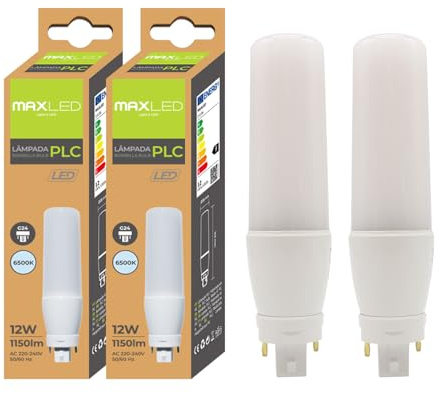 Maxled, Light is Led! G24 LED Bulbs 2-Pin CFL Lamp 12W Cool White 6500K 90W Replacement for Light Bulb G24 Tube for Kitchen Bedroom Living Room 1150LM 300º Beam Angle 230V Not dimmable Pack of 2
