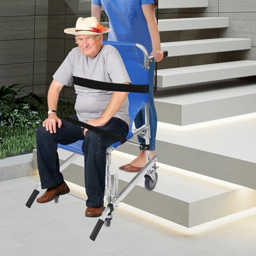 4-Wheel Stair Chair for Safe Stair Evacuation & Transport | Portable Mobility Aid for Seniors & Disabled | Blue Emergency Staircase Chair with Padded Seat & Backrest