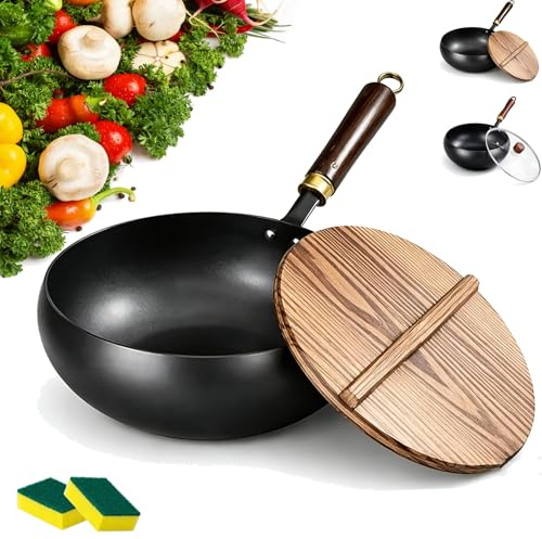 Generisch Olla de hierro sin revestimiento, sartén wok multifuncional de hierro fundido, sartén antiadherente con tapa para cocinar (tapa de madera, 30 cm)