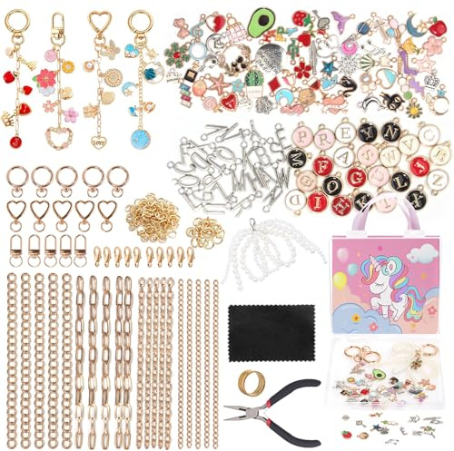 Schlüsselanhänger selber machen 316 Stück für DIY Schmuck Geschenke Mädchen | Schlüsselanhänger Basteln Charms Anhänger Set mit Anhängern, Perlen, Zange, Zubehör & Klein Keychain