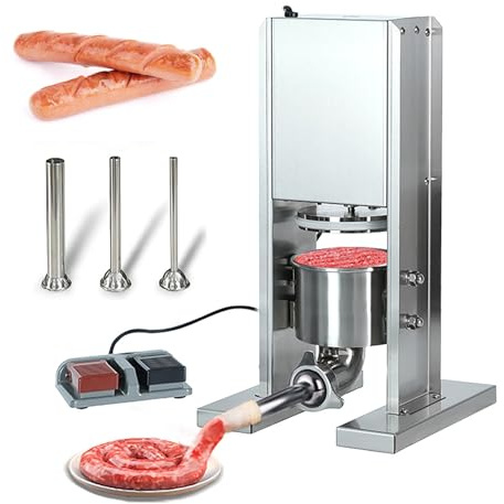 Macchina elettrica verticale per insaccati, insaccatrice automatica in acciaio inox, con pedale di controllo, ideale per applicazioni di lavorazione alimentare in cucine domestiche e commerciali.