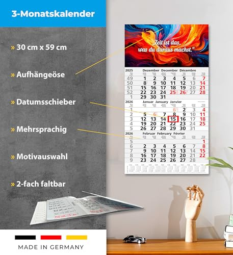 3-Monatskalender 2026 Wandplaner Dreimonatskalender 30 x 59 cm mit Schieber mehrsprachig d/fr./engl (Farbklecks)