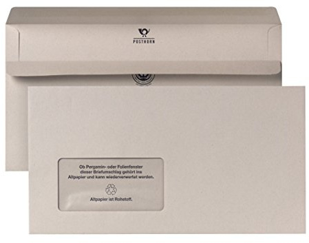 POSTHORN Briefumschläge mit Fenster 125 x 235 mm (1000 Stück) - Grau | Umschläge selbstklebend - Kuvert mit grauem Innendruck - Briefkuvert mit mit 80g/m² -