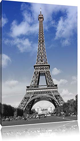 Tour Eiffel avec le ciel bleu Paris noir / blanc Taille: 120x80 sur toile, XXL énormes Photos complètement encadrée avec civière, impression d'art sur murale avec cadre, moins cher que la peinture ou la peinture à l'huile, pas une affiche ou une bannière,