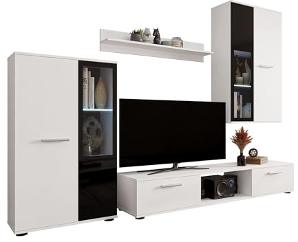 Mirjan24 Wohnwand Salsa, 4-teilig, ohne LED (Weiß) | Anbauwand mit Stand- und Hängevitrine, TV-Lowboard, Wandregal, 2 Glasböden und teilverglasten Fronten