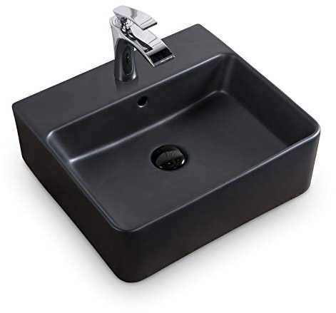 STILFORM Berlin Waschbecken aus feinster Keramik in Schwarz für Wandmontage oder als Aufsatzwaschbecken in 40x42 cm mit Hahnloch modern und elegant