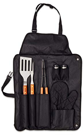 Home Fun Line® - Grembiule con set barbecue. Set di 7 utensili da barbecue: grembiule e guanto imbottito in nylon nero, forchetta, spatola, pinza, sale e pepe in acciaio inox.