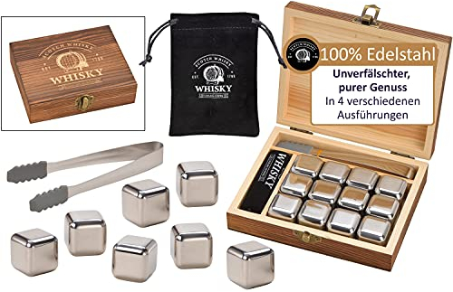 WOMA Whisky Steine Set I 12 Edelstahl Kühlwürfel inkl. Zange, Samtbeutel & hochwertiger Holzbox I Wiederverwendbare Eiswürfel für Whiskey Wodka Gin Rum Tequila & Cocktails