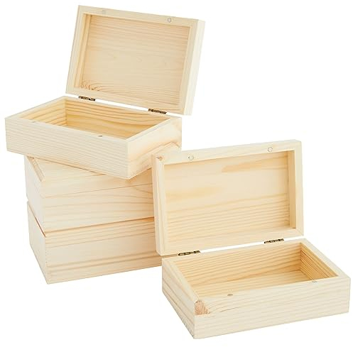 Scatole di Legno Grezzo con Coperchio con Cerniera, Confezione da 4 Scatole Artigianali di Legno di Pino, 14 x 9 x 5 cm Ciascuna