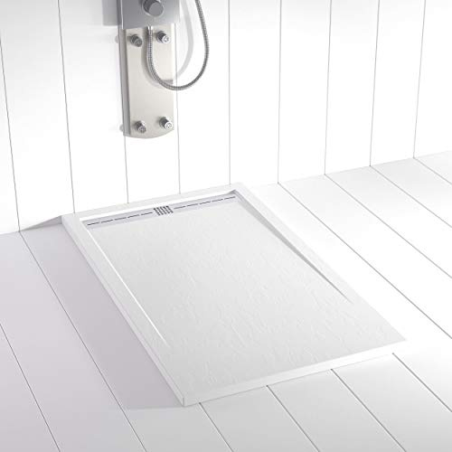 Plato de ducha Resina FLOW Blanco RAL 9003-80x190 – Textura Pizarra – Antideslizante – Incluye rejilla y sifón