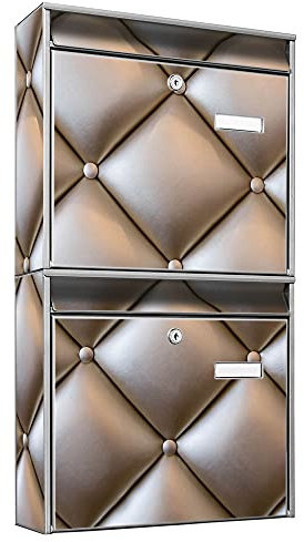 banjado Briefkastenanlage 2 Fach - 2 Briefkästen 36x64x10cm groß - Doppelbriefkasten Set - Namensschild, 2 Schlüssel, Montagematerial - Stahl verzinkt Silber - Motiv Polster Bronze