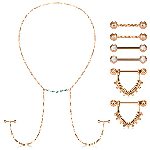 D.Bella Anneaux de mamelon 14G pour femmes Bijoux de Perçage de mamelon Bague de mamelon en or rose avec collier ras du cou en acier chirurgical 14mm 16mm Perçage de mamelon Barbell