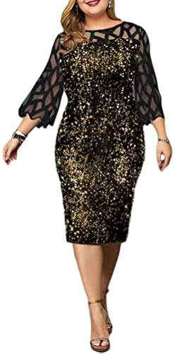 Minetom Abendkleid Damen Große Größen Pailletten Glitzer Elegant Kleid 3/4 Ärmel Knielang Festlich Hochzeit Kleider