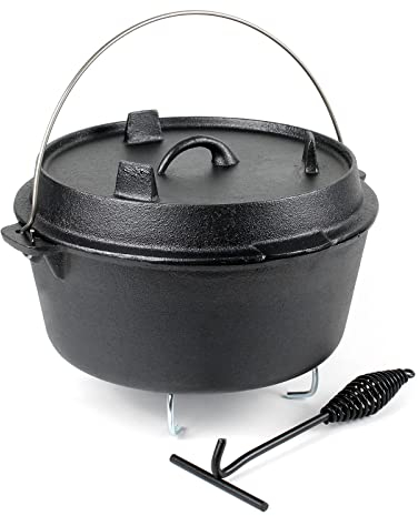 Wiltec Dutch Oven Marmite 9L en Fonte Dessous-plat Lève-couvercle Pied de support Fait-tout Pot Cocotte Feu de camp Camping Barbecue Grillade Friture Cuisson Extérieur