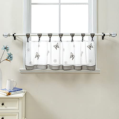 Delien Scheibengardinen Küche »Schmetterling« B140 x H60 cm, Grau | 1 Stück,Voile,Bistrogardine mit Schlaufen,Schmetterling Stickerei,Transparente Küchengardine,Landhausstil Kurzstores