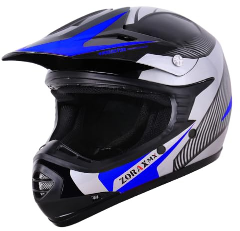 Zorax Kids Motocross Helmet - Blue/Silver M (51-52cm) | Children Motorbike Dirt Bike Helmet ECE 22.06