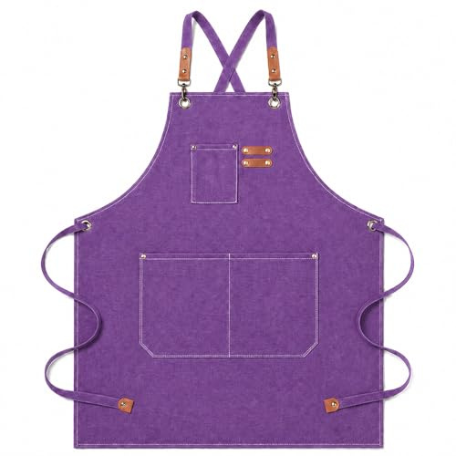 jiuzcare Delantal de Cocina para Hombre y Mujer, Tejido Oxford Morado con Correas Cruzadas Ajustables, 3 Bolsillos, Lavable a Máquina, para Barbacoa, Restaurante, Cafetería y Manualidades