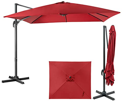 GOPLUS Ampelschirm 300x300 cm rechteckig, Sonnenschirm 360° drehbar & 3 stufig kippbar, großer Terrassenschirm mit Ständer, Gartenschirm mit Kurbel, UPF 30+ für Balkon, Garten & Terrasse (Weinrot)