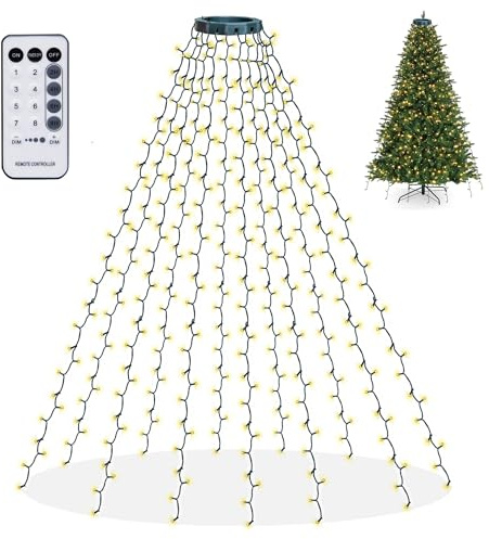 Dazzle Bright Christmas Tree Lights, 448 LED Waterfall Tree Topper Lights with Remote & 8 Lighting Modes, 8.2FT X 16 Lines Christmas Light for Indoor Outdoor Yard Party Xmas Decoration (Warm White)