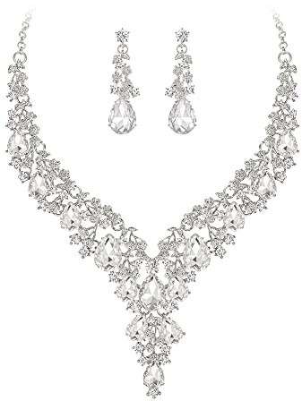 Clearine Wedding Bridal Jewellery Set Teardrop Rhinestone Cluster Statement Necklace Costume Dangle Earrings for Women Clear Silver-Tone