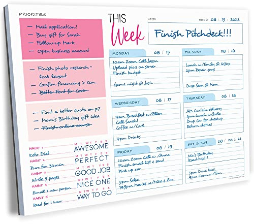 Weekly Planner Pad - Undated Planner - To Do List Notepad - Habit Tracker - 11 x 8.5 - 52 Tear-Off Sheets - Daily Planner Undated for Home Work Office Business - Goal Planner - Cute Planner (Pink)