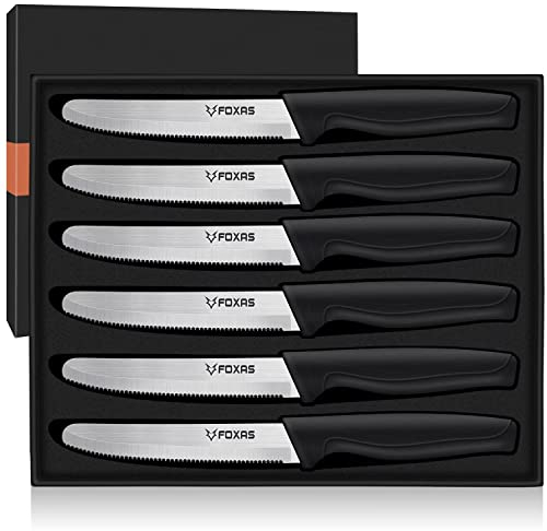 FOXAS Steakmesser 8er Set,11.5cm Runde Spitze Tafelmesser,Edelstahl Rostfrei Gezahnt Menümesser 8 stück Ultra scharfe Besteckmesser mit Anti-Rutsch TPR Griff Spülmaschinenfest