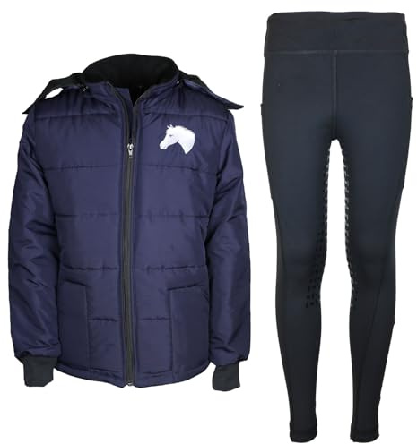 MS-Trachten Mia - Giacca da equitazione per bambini, colore blu scuro, trapuntata, con pantaloni da equitazione, nero/nero, Blu scuro, 122 cm-128 cm