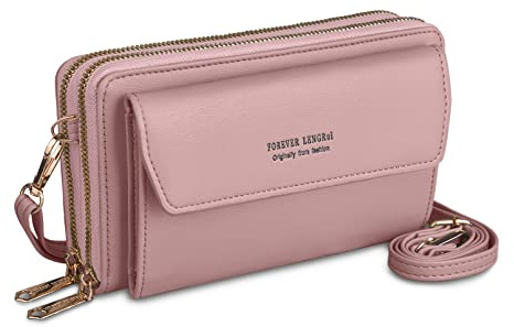 Kememo Handytasche zum Umhängen und Tragen, Damen Umhängetasche mit 12 Kartenfächer, Veganes Leder, Portemonnaie, Schultertasche, Reißverschluss, Crossbody, Rosa