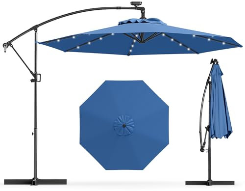 GOPLUS Parasol Déporté 3M LED Solaires 32, 8 Baleines Tissu Protection Solaire Inclinable Rotatif 360° Jardin Patio Terrasse Exterieur Base Non Incluse (Bleu)