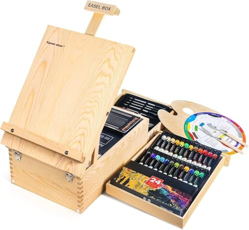 Spardar Cavalletto Pittura, Kit Pittura con 2 Cassetto e 55 Pezzi Kit Arte, Includere 24 Colori Acrilici, 12 Matite Colorate, Pennello e altre forniture d'arte per Hobbisti Principianti Artisti