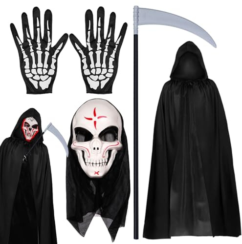 Zkaoai Halloween Umhang Set, Schwarzer Umhang mit Kapuze + Halloween Gesicht Maske + Skelett Handschuhe + Sense Des Todes, Halloween Skelett Kostüm, Halloween Hexe Umhang für Halloween, Maskerade