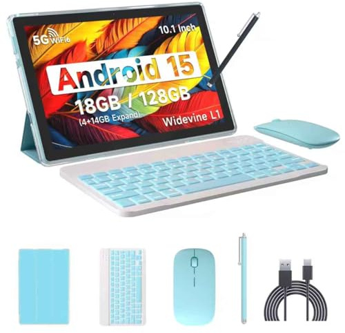 IWEGGO Android 15 Tablet, 10 Inch 18GB RAM+128GB ROM/ 2TB Expandable Tablet, 2.0GHz Quad-core Processor, 1280*800 HD Touch Screen, 5G WiFi6 BT 5.0, 2 in 1 Tablets with Keyboard Case Mouse Stylus Blue