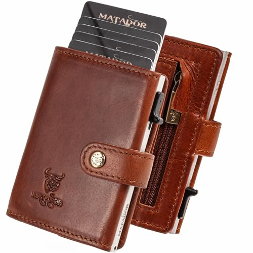 MATADOR Slim Wallet Miami – Leder Kreditkartenetui mit POP-UP Kartenhalter - mit RFID-Schutz & Münzfach - Mini Portemonnaie – kleine Geldbörse Herren mit Geschenk-Box Vintage Braun