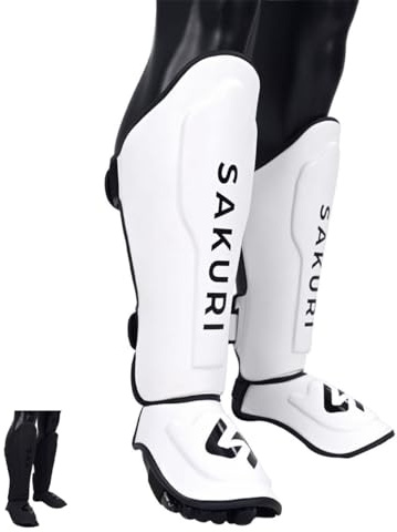 SAKURI Shin Guards for Kickboxing, Muay Thai, MMA, Taekwondo, Karate, Boxing, Martial Arts, Premium Maya Hide Leather, Leg Instep Protection Pads, Training Sparring Equipment Gear (Large, White)