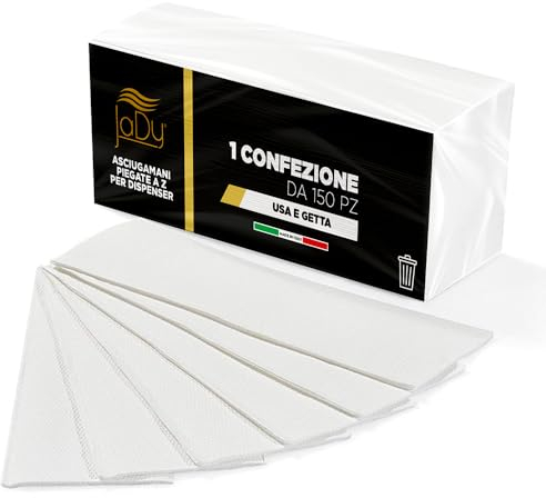 JaDy - Papel Secamanos Zig Zag | Alta Absorbencia | Ecológicas y Duraderas | Multiuso para Baños y Oficinas | Paquete de 150 Toallas, Color Blanco, 24cm x 8cm, Celulosa Pura