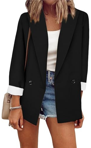 ZICUE Blazer Léger Ouvert sur Le Devant De Couleur Unie pour Femmes Blazer À La Mode À Manches Longues avec Boutons Blazer À Revers pour Le Travail Blazer De Bureau Noir XL