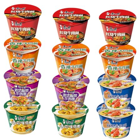 YIJIA | Pack 12 | Variedad de saboresInstant Cup Noodle Tallarines - Ramen Fideos Instantáneos - Sabor 2x Mariscos, 3x Ternera, 2x Pollo Y Seta Shitake, 3x Ternera Picante, 2x Chucrut Chino