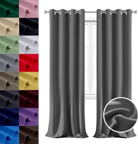 WUXXIANG 2 Stück 100% Blickdicht Verdunklungsvorhang 180 x 210 cm Elegant Glatt Einfarbig Flauschig, Verdunkelungs-Vorhang Gardine mit Ösen, mit Raffhalter für Wohnzimmer Kinderzimmer, Dunkelgrau