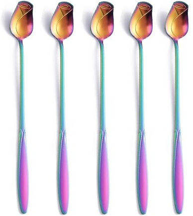 FYJL Cucharillas Postre 5 cucharas for Revolver de Acero Inoxidable, cucharas de café de Mango Largo, cucharillas Cucharas(5pcs Rainbow)