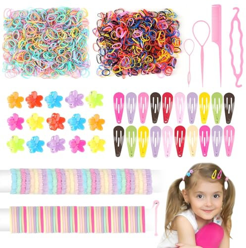 2165 Stück Haargummis Mädchen Set, Multicolor Mädchen Haarschmuck, Kinder Haarschmuck Enthalten Flechtwerkzeug Mini Haarclip Haarseile Gummibänder für Klein Mädchen