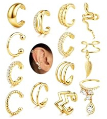 JeweBella Ear Cuff Set Damen 14K Gold Fake Ohrringe Earcuffs Gold/Silber Ohrclips Damen Ohne Ohrlöcher Ohrmanschette Verstellbare Clip Ohrringe Fake Piercing Ohr Knorpel Ohrklemme
