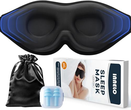 INNELO 3D Schlafmaske für Seitenschläfer, 100% Lichtblockierung, Bequeme Schlafbrille für Frauen Herren, mit Speicherbeutel & Ohrstöpseln, Augenmaske für Flugreisen, Büro, Wimpernverlängerung, Schwarz