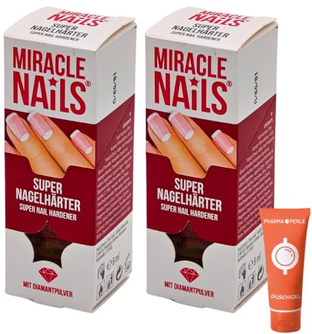Miracle Nails Super Nagelhärter 2x 8 ml I Nagelstärker I Nagelverstärker I Nagellack I Nagelbruch I brüchige, gespaltene Nägel I mit Diamantpulver I Spar-Set plus Pharma Perle give-away