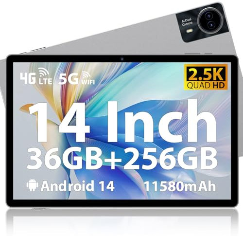 MAXLEGEN 2025 Neueste Android 14 Tablet, 14 2.5K Touch Display, 36GB RAM+256GB ROM 1TB TF SIM Tablet, 4G LTE+5G WiFi, Octa-Core, 4 Lautsprecher, 13MP, 11580mAh, GMS, GPS, inkl. Pen/Hülle/Kopfhörer