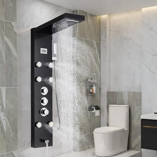 TTICCTIY Thermostatic Shower Panel Tower System with 5 Functions, Rainfall Shower Panel Tower Hydromassage Temperature Display Shower Column Stainless Steel Black