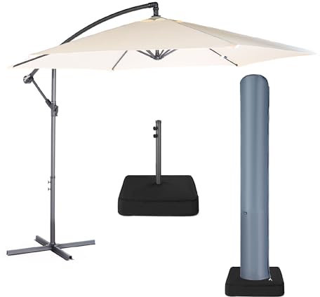 VonHaus Parasol with Weatherproof Fabric Base & Cover, 3M Cantilever Banana Umbrella for Outdoor, Garden, Patio, Sunshade Canopy with Hand Crank, Tilt & Rotate Function - Ivory