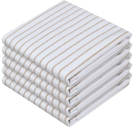 HEIRLOOM COMFORT Beige Stripe Kitchen Towels, 5 Pack, 100% Cotton, Super Absorbent and Quick Dry, Classic Striped Towel Set, Durable Dish Cloths for Kitchen Use, Cleaning & Drying Dishes