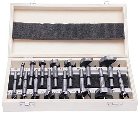 15PCS Professional Wood Forstner Drill Bit Set Metric 10-50mm High Carbon Steel,Flat Wing Drilling Hole Hinge Cemented Carbide Carbon High Speed Steel Woodworking Drill Punching Bit with Round Shank