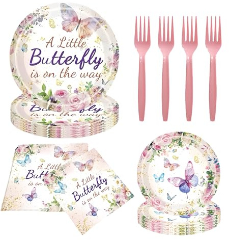 Butterfly Birthday Baby Shower Decorations,Flowers and Butterflies Theme Party Plates,Napkins,and Forks Kit for Birthday Party Supplies, Girls Party Decorations & Baby Shower,Serve 30