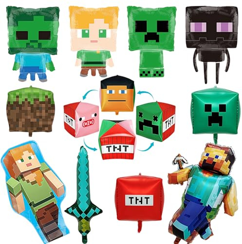 Milygobam 12PCS Birthday Balloons,Foil Balloons for Helium,Party Balloon Decorations,Display on 4 Sides Square Balloon,Cartoon Gaming Theme Birthday Party Supplies Decoration